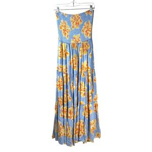 ABEL THE LABEL Anthropologie‎ Strapless Tiered Maxi Dress Blue Floral coquette L